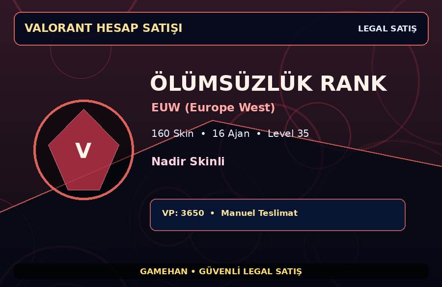 160 Skinli Ölümsüzlük Valorant Hesabı | EUW (Europe West) | 16 Ajan