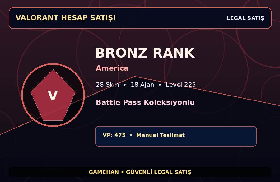 Bronz Rank Valorant Hesabı | Battle Pass Koleksiyonlu | America | 18 Ajan