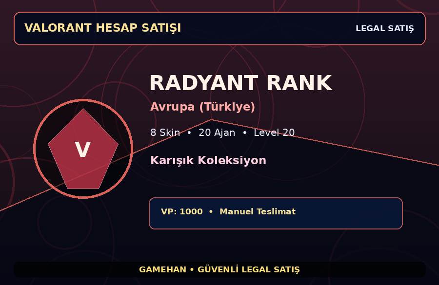 Radyant Rank Valorant Hesabı | Karışık Koleksiyon | Avrupa (Türkiye) | 20 Ajan