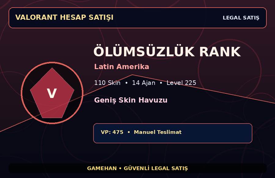 Ölümsüzlük Rank Valorant Hesabı | Geniş Skin Havuzu | Latin Amerika | 14 Ajan
