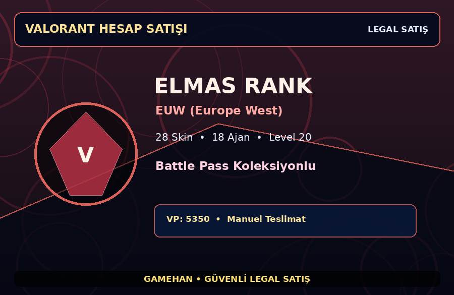 Elmas Rank Valorant Hesabı | Battle Pass Koleksiyonlu | EUW (Europe West) | 18 Ajan