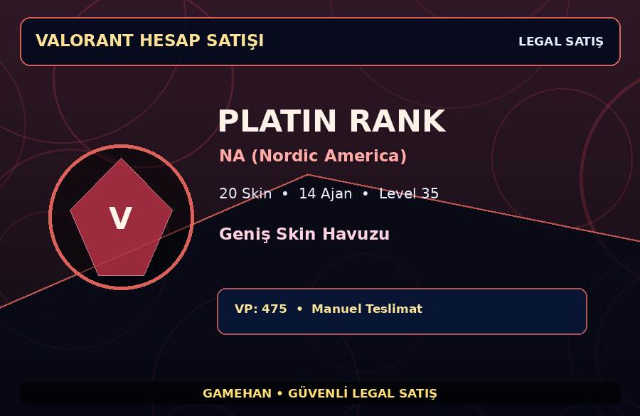 20 Skinli Platin Valorant Hesabı | NA (Nordic America) | 14 Ajan