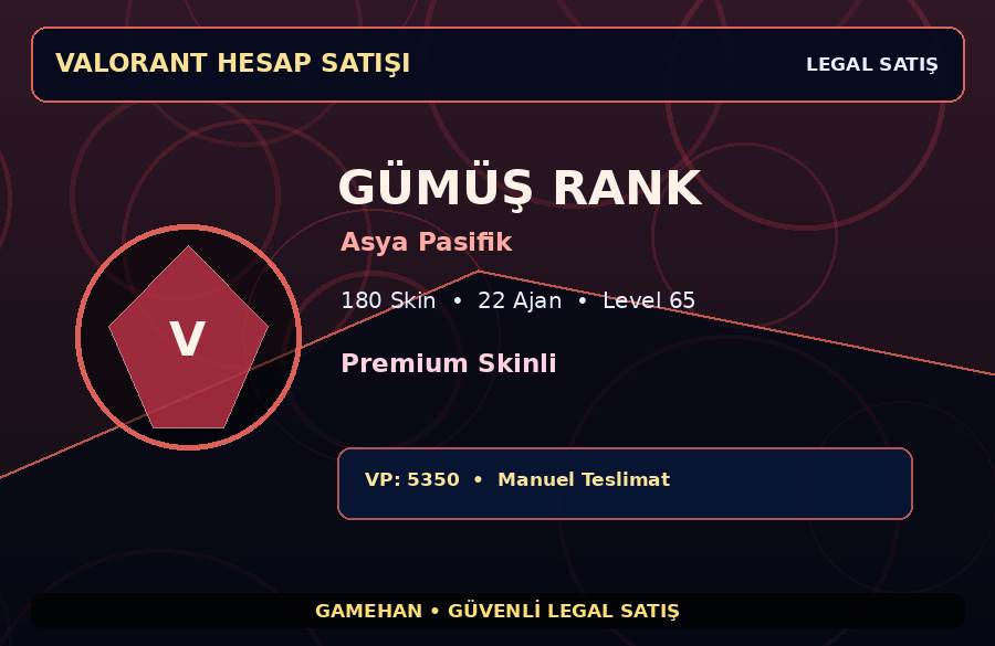 Level 65 Valorant Hesabı | Gümüş | 180 Skin | 22 Ajan