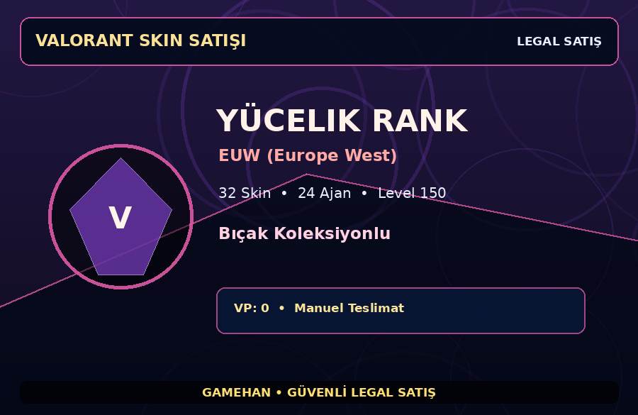 32 Skinli Valorant Hesabı | Yücelik | EUW (Europe West) | 24 Ajan