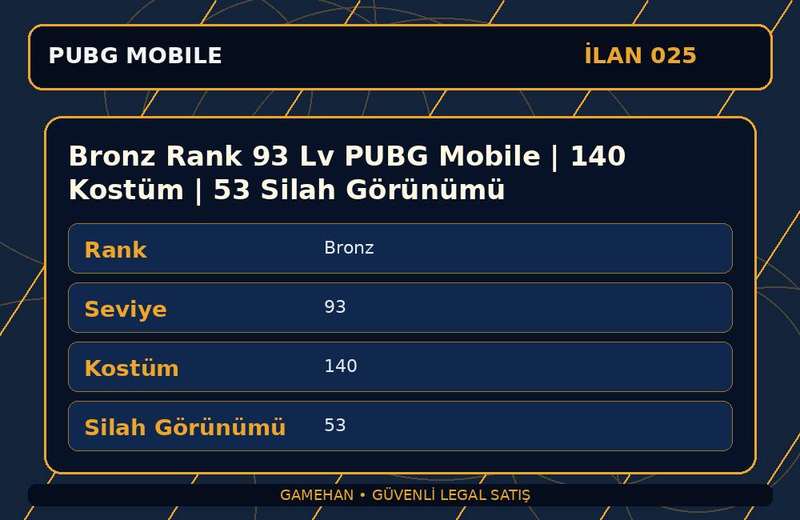 Bronz Rank 93 Lv PUBG Mobile | 140 Kostüm | 53 Silah Görünümü