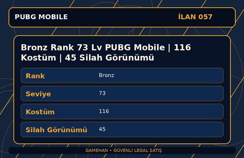 Bronz Rank 73 Lv PUBG Mobile | 116 Kostüm | 45 Silah Görünümü