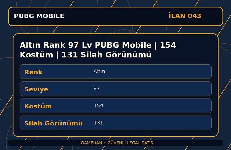 Altın Rank 97 Lv PUBG Mobile | 154 Kostüm | 131 Silah Görünümü