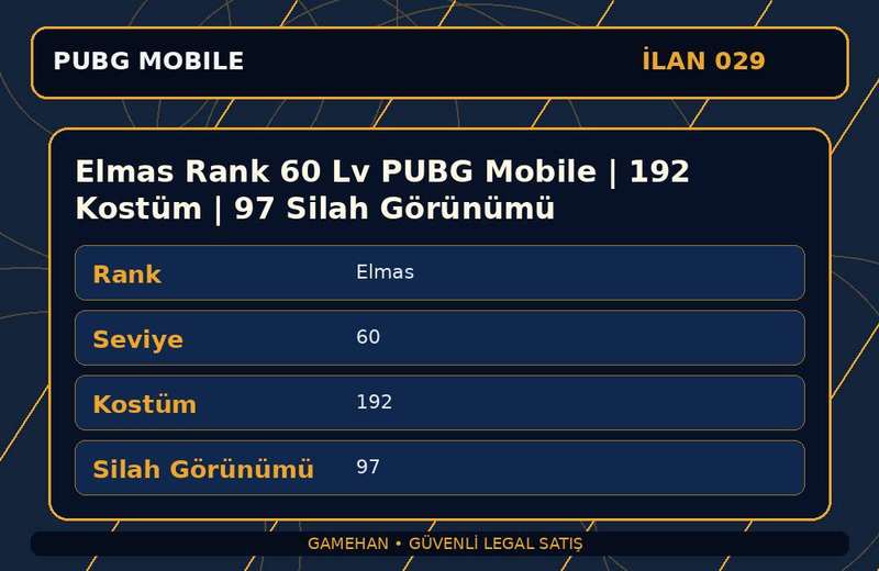 Elmas Rank 60 Lv PUBG Mobile | 192 Kostüm | 97 Silah Görünümü
