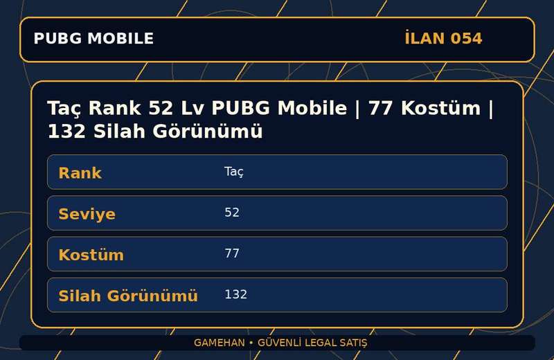 Taç Rank 52 Lv PUBG Mobile | 77 Kostüm | 132 Silah Görünümü
