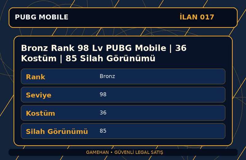 Bronz Rank 98 Lv PUBG Mobile | 36 Kostüm | 85 Silah Görünümü