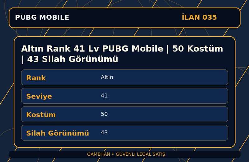 Altın Rank 41 Lv PUBG Mobile | 50 Kostüm | 43 Silah Görünümü