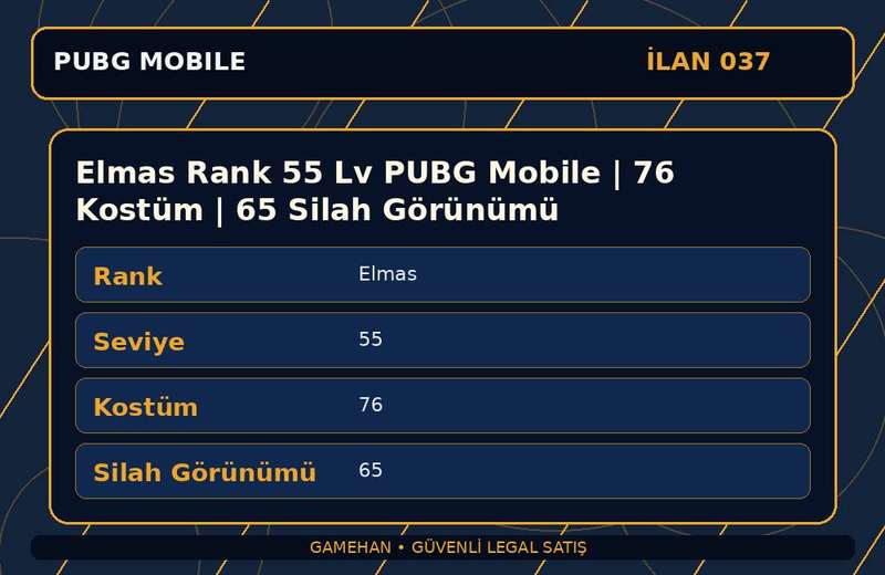 Elmas Rank 55 Lv PUBG Mobile | 76 Kostüm | 65 Silah Görünümü