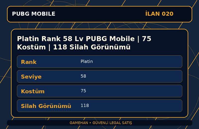 Platin Rank 58 Lv PUBG Mobile | 75 Kostüm | 118 Silah Görünümü