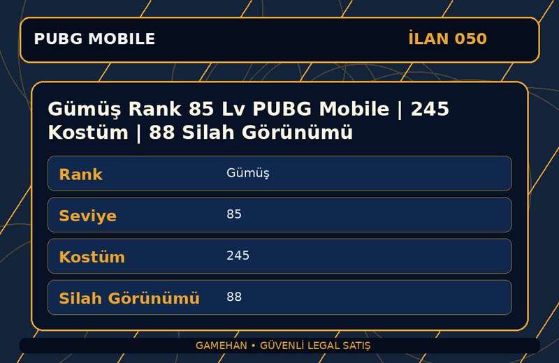 Gümüş Rank 85 Lv PUBG Mobile | 245 Kostüm | 88 Silah Görünümü