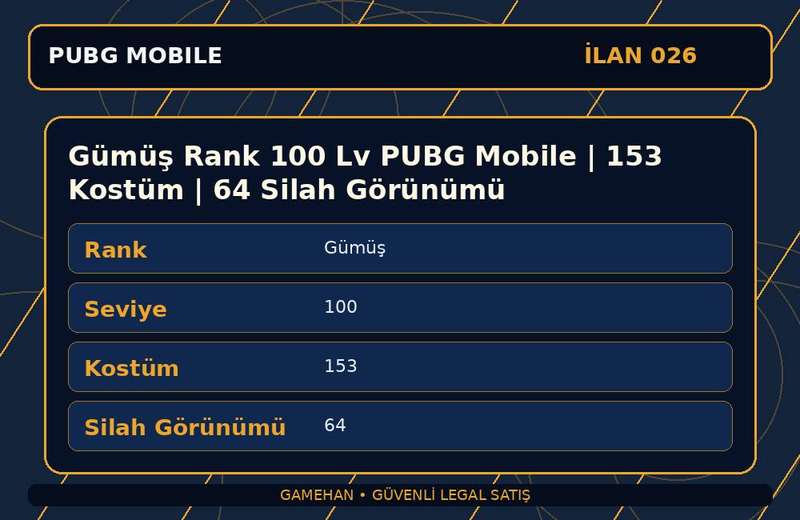 Gümüş Rank 100 Lv PUBG Mobile | 153 Kostüm | 64 Silah Görünümü