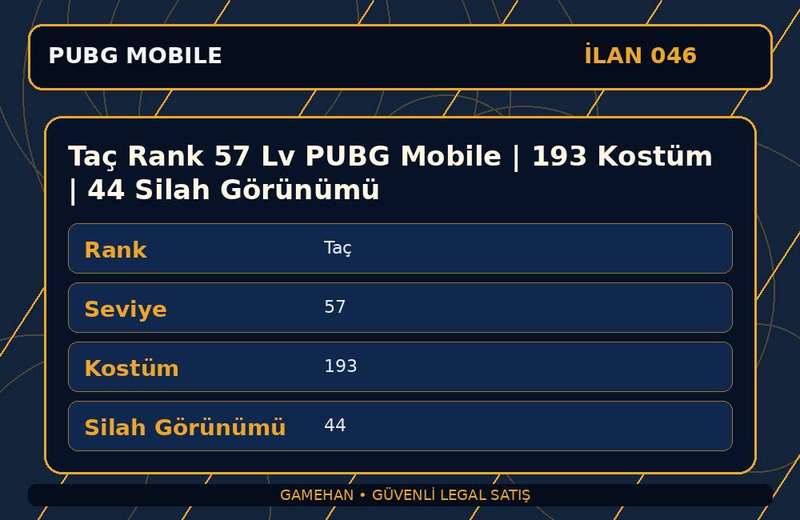 Taç Rank 57 Lv PUBG Mobile | 193 Kostüm | 44 Silah Görünümü