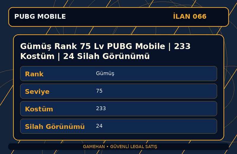 Gümüş Rank 75 Lv PUBG Mobile | 233 Kostüm | 24 Silah Görünümü