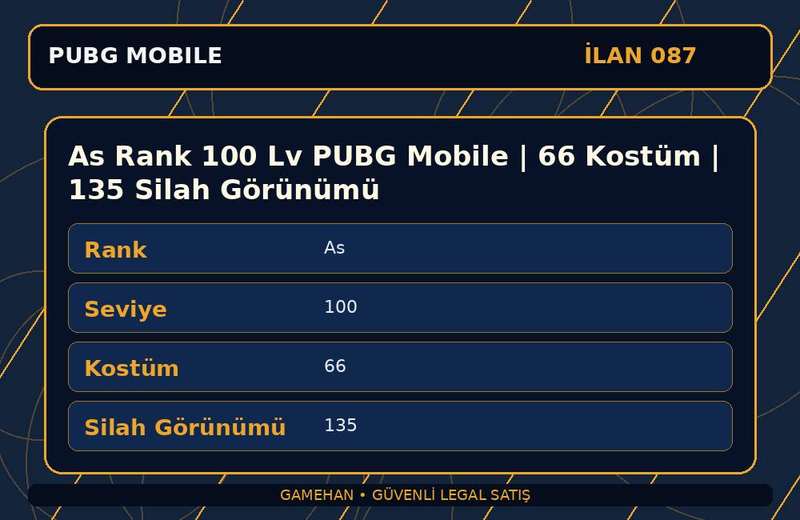 As Rank 100 Lv PUBG Mobile | 66 Kostüm | 135 Silah Görünümü