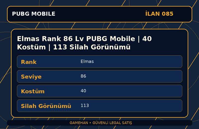 Elmas Rank 86 Lv PUBG Mobile | 40 Kostüm | 113 Silah Görünümü