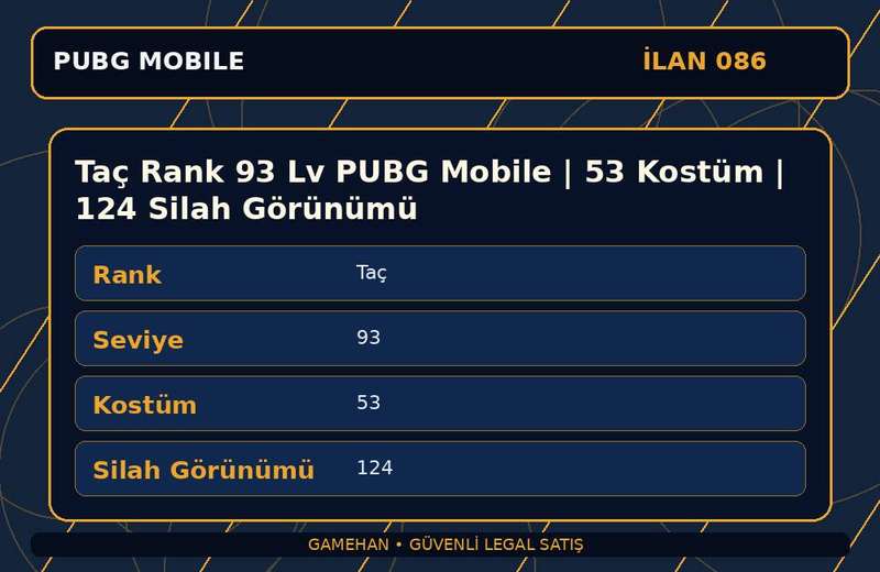 Taç Rank 93 Lv PUBG Mobile | 53 Kostüm | 124 Silah Görünümü