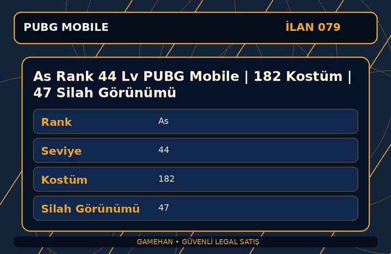 As Rank 44 Lv PUBG Mobile | 182 Kostüm | 47 Silah Görünümü