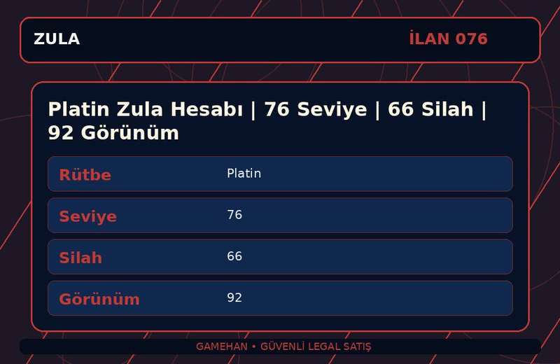 Platin Zula Hesabı | 76 Seviye | 66 Silah | 92 Görünüm