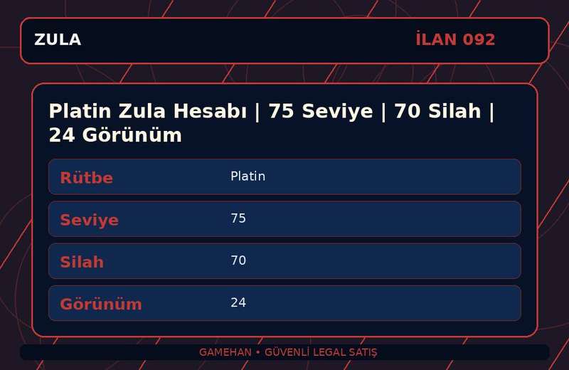 Platin Zula Hesabı | 75 Seviye | 70 Silah | 24 Görünüm