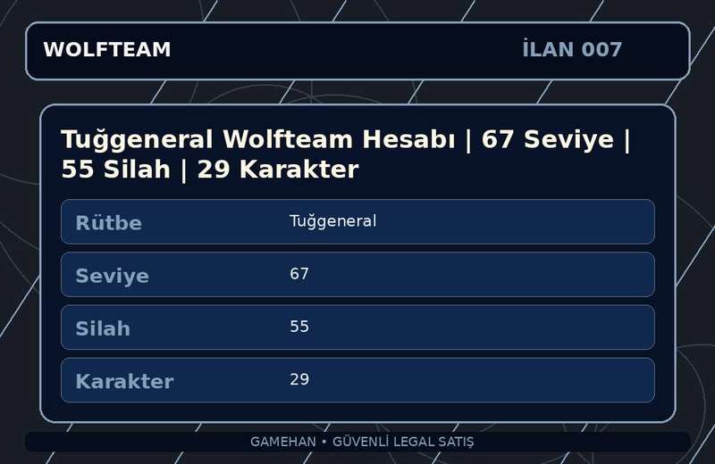 Tuğgeneral Wolfteam Hesabı | 67 Seviye | 55 Silah | 29 Karakter