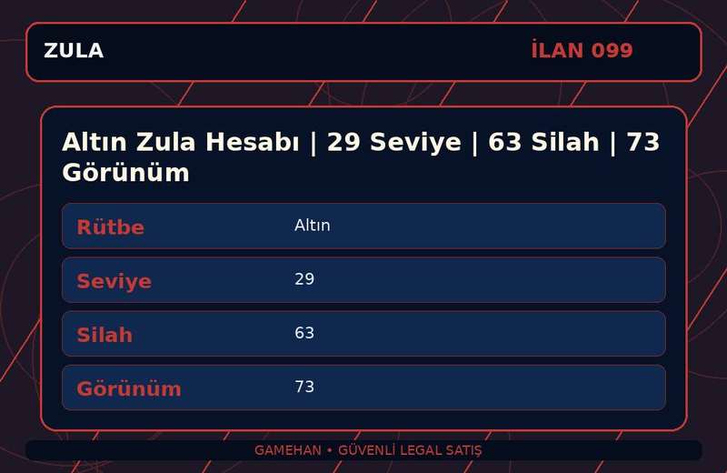 Altın Zula Hesabı | 29 Seviye | 63 Silah | 73 Görünüm