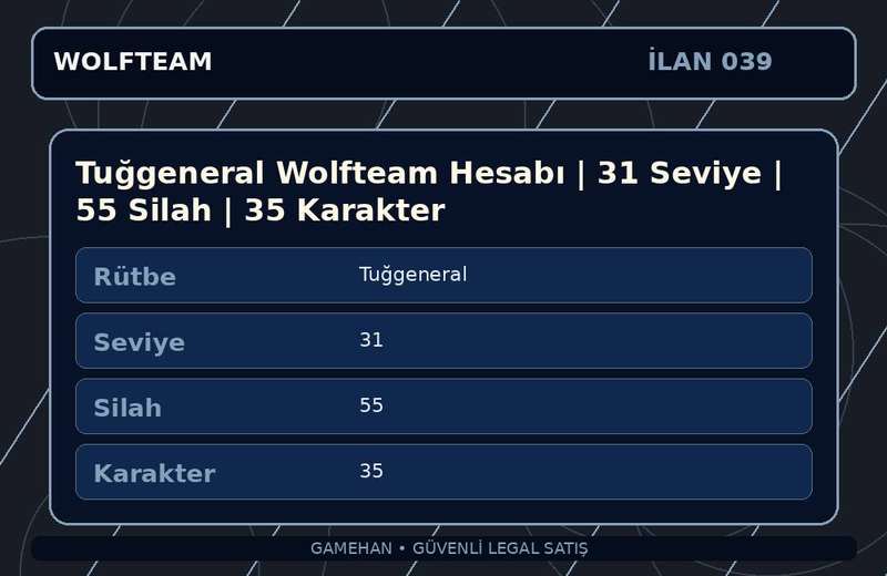 Tuğgeneral Wolfteam Hesabı | 31 Seviye | 55 Silah | 35 Karakter