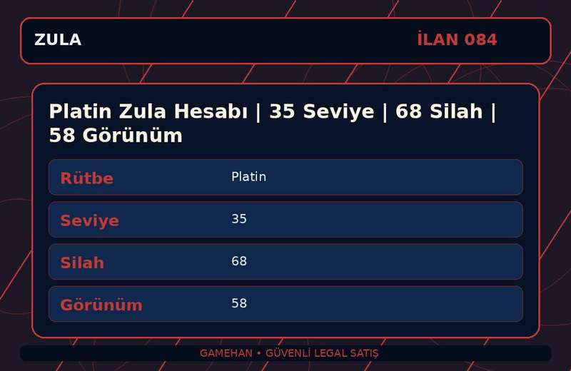 Platin Zula Hesabı | 35 Seviye | 68 Silah | 58 Görünüm