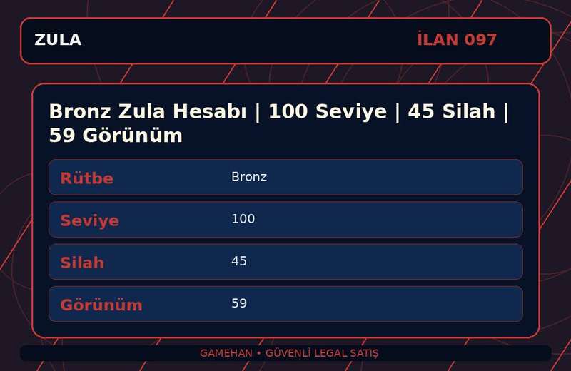 Bronz Zula Hesabı | 100 Seviye | 45 Silah | 59 Görünüm