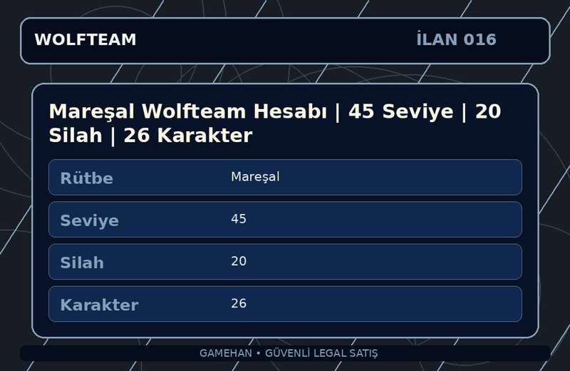 Mareşal Wolfteam Hesabı | 45 Seviye | 20 Silah | 26 Karakter
