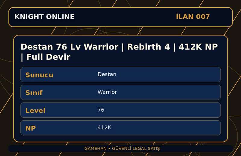 Destan 76 Lv Warrior | Rebirth 4 | 412K NP | Full Devir
