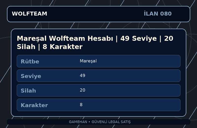Mareşal Wolfteam Hesabı | 49 Seviye | 20 Silah | 8 Karakter