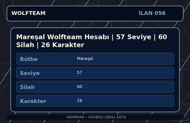 Mareşal Wolfteam Hesabı | 57 Seviye | 60 Silah | 26 Karakter