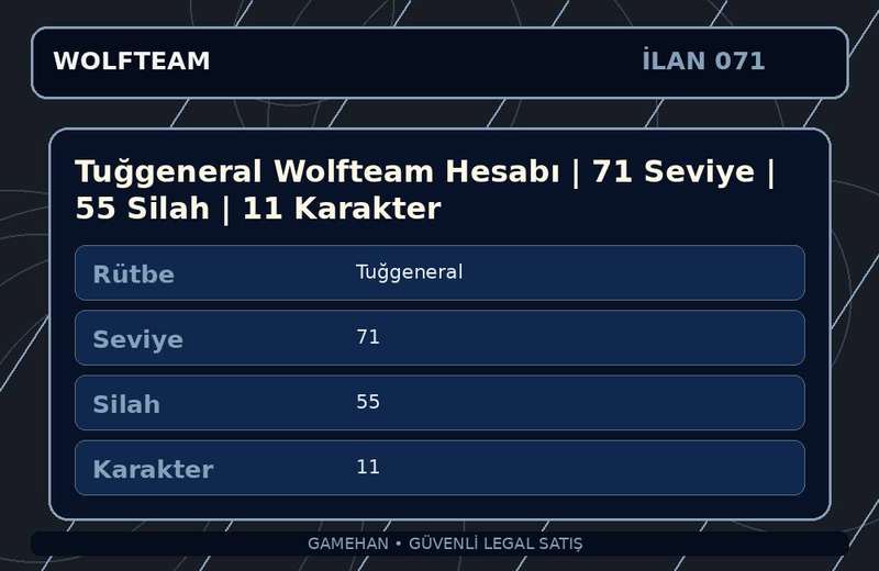 Tuğgeneral Wolfteam Hesabı | 71 Seviye | 55 Silah | 11 Karakter