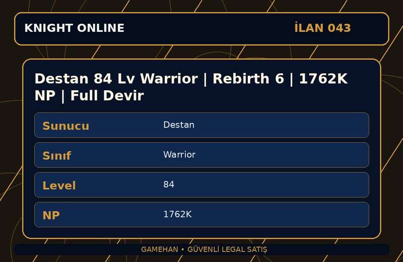 Destan 84 Lv Warrior | Rebirth 6 | 1762K NP | Full Devir