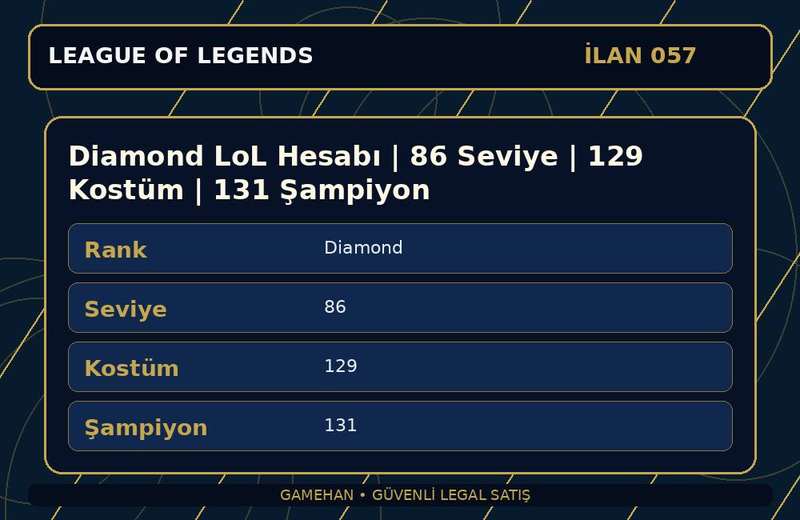 Diamond LoL Hesabı | 86 Seviye | 129 Kostüm | 131 Şampiyon