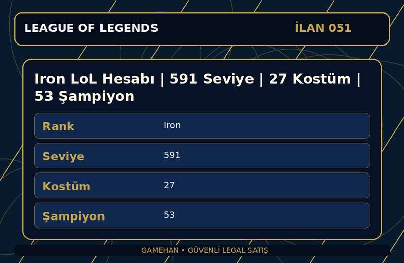 Iron LoL Hesabı | 591 Seviye | 27 Kostüm | 53 Şampiyon
