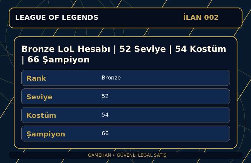 Bronze LoL Hesabı | 52 Seviye | 54 Kostüm | 66 Şampiyon