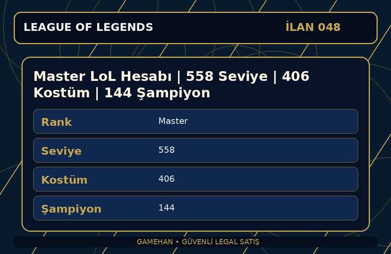 Master LoL Hesabı | 558 Seviye | 406 Kostüm | 144 Şampiyon