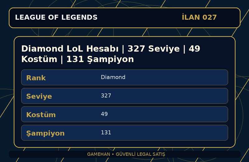 Diamond LoL Hesabı | 327 Seviye | 49 Kostüm | 131 Şampiyon