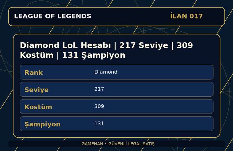 Diamond LoL Hesabı | 217 Seviye | 309 Kostüm | 131 Şampiyon