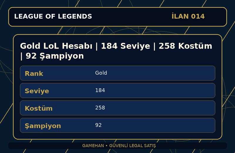 Gold LoL Hesabı | 184 Seviye | 258 Kostüm | 92 Şampiyon