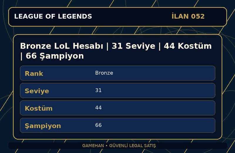 Bronze LoL Hesabı | 31 Seviye | 44 Kostüm | 66 Şampiyon