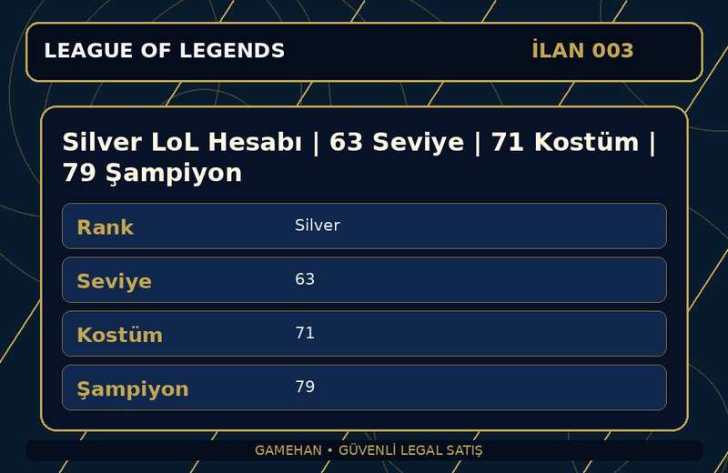 Silver LoL Hesabı | 63 Seviye | 71 Kostüm | 79 Şampiyon