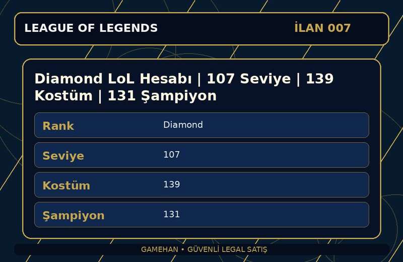 Diamond LoL Hesabı | 107 Seviye | 139 Kostüm | 131 Şampiyon