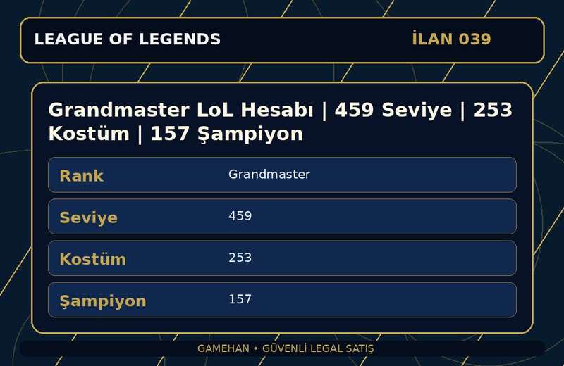 Grandmaster LoL Hesabı | 459 Seviye | 253 Kostüm | 157 Şampiyon