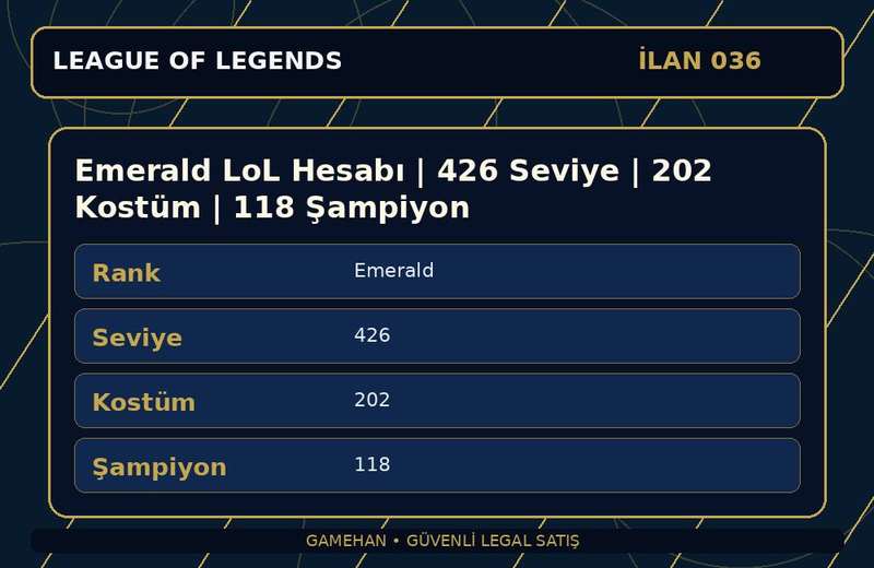 Emerald LoL Hesabı | 426 Seviye | 202 Kostüm | 118 Şampiyon